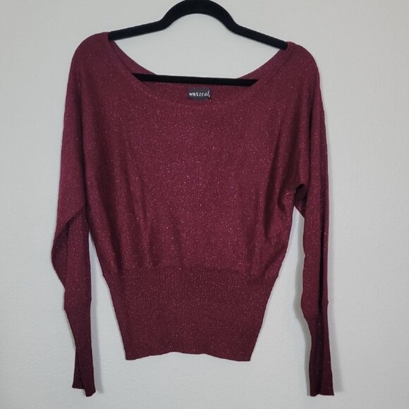 Y2K Wet Seal Cropped Long Sleeve Sweater Size L Red Sparkle Dolman Metallic 2000 - Picture 1 of 11